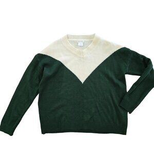 Main Strip Knit Sweater V-Pattern Green & Cream Cozy Pullover size medium